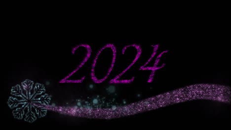 animation of 2024 text in pink with pink and blue new year fireworks in night sky