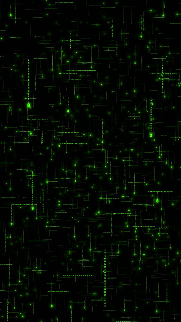Futuristic animation glowing binary code streams moving across dark digital space flow of data