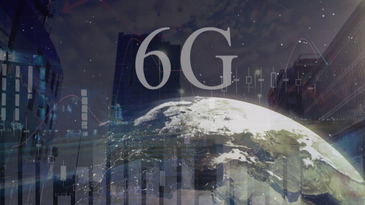 animación de número de 6g en múltiples gráficos y globo giratorio contra vista de ángulo bajo de edificios