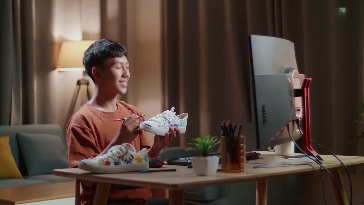 십대 청소년 이 집 에서 운동화 를 사용자 정의 하고 있다