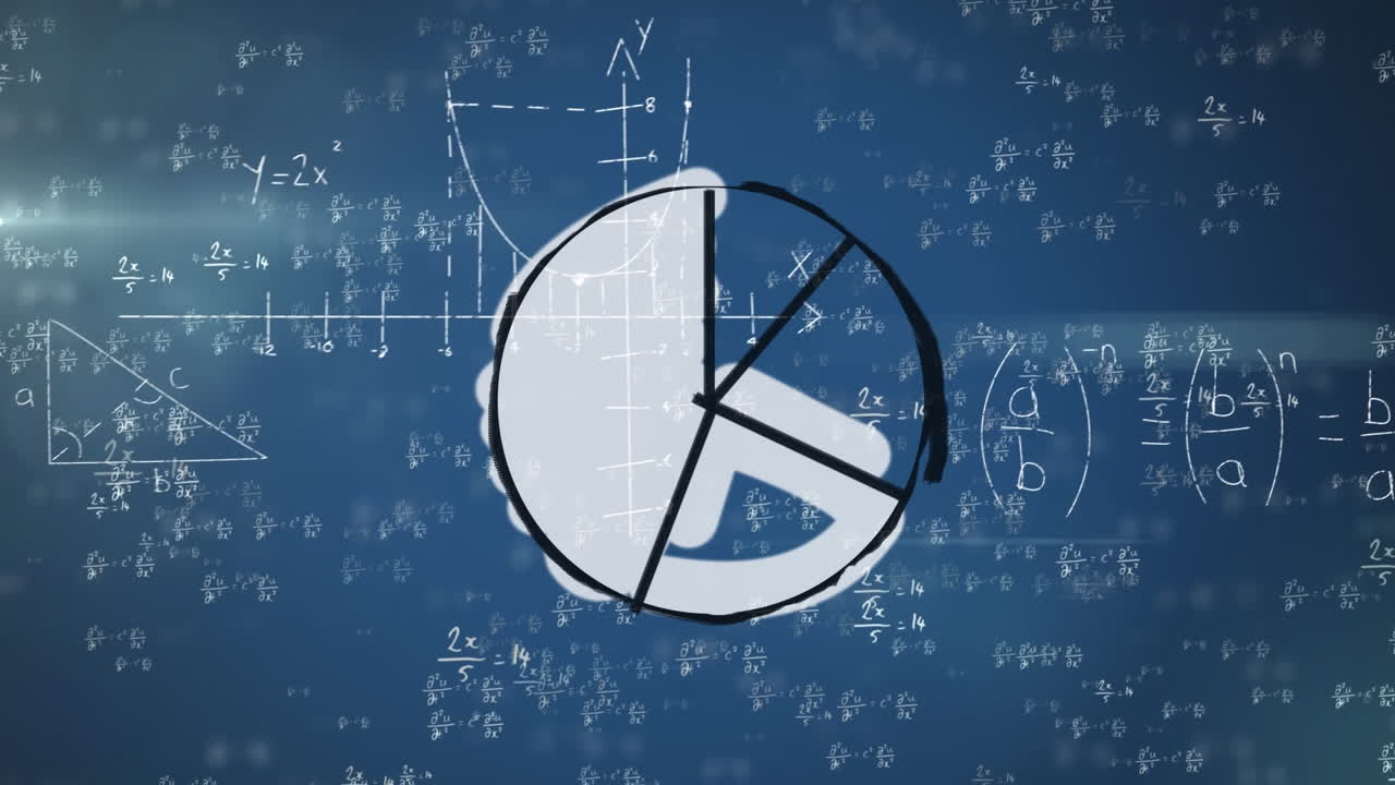 animación del icono del gráfico de la tarta sobre ecuaciones matemáticas flotando contra un fondo azul