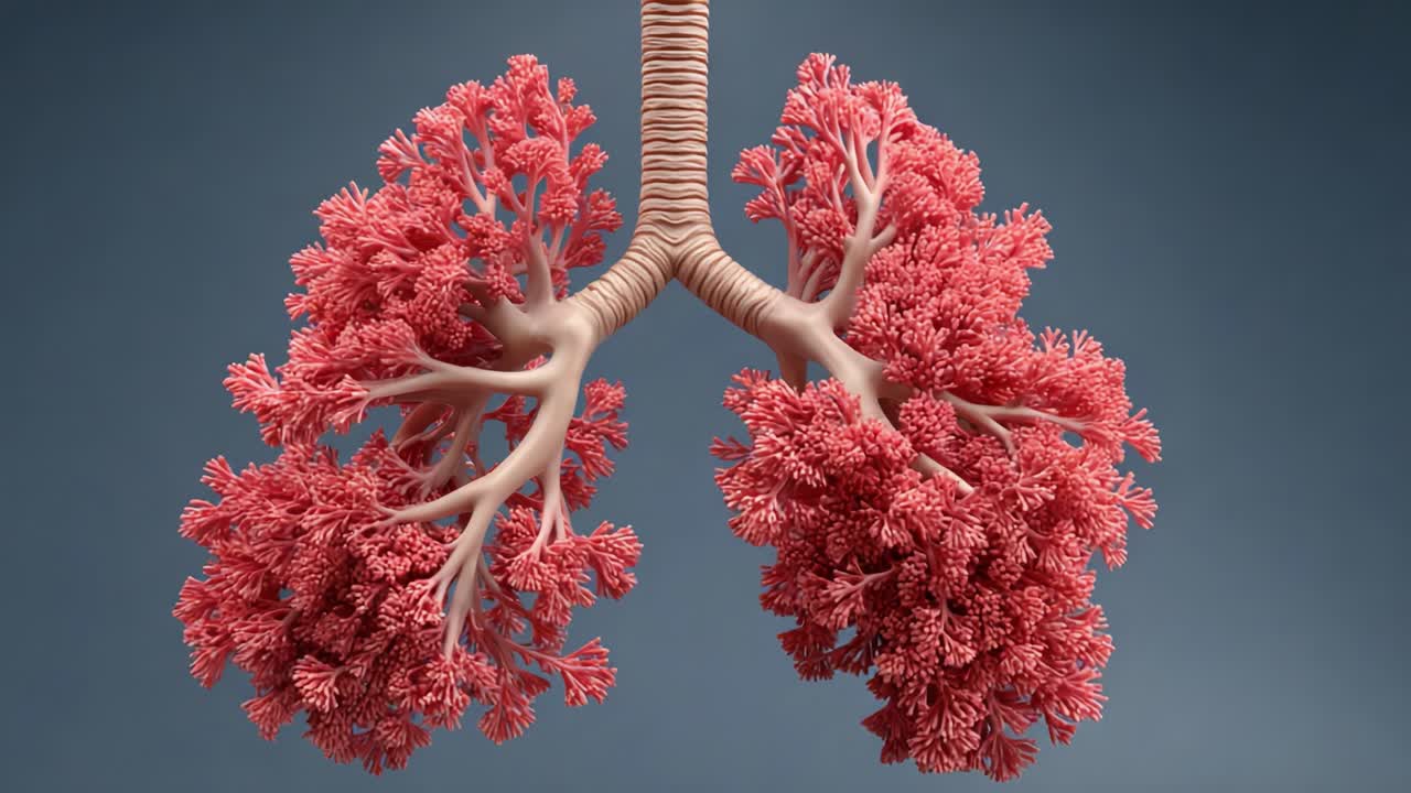 Illustrazione medica dettagliata dei polmoni umani che mostra l'albero bronchiale e la struttura degli alveoli, catturando l'intricata anatomia essenziale per la funzione respiratoria