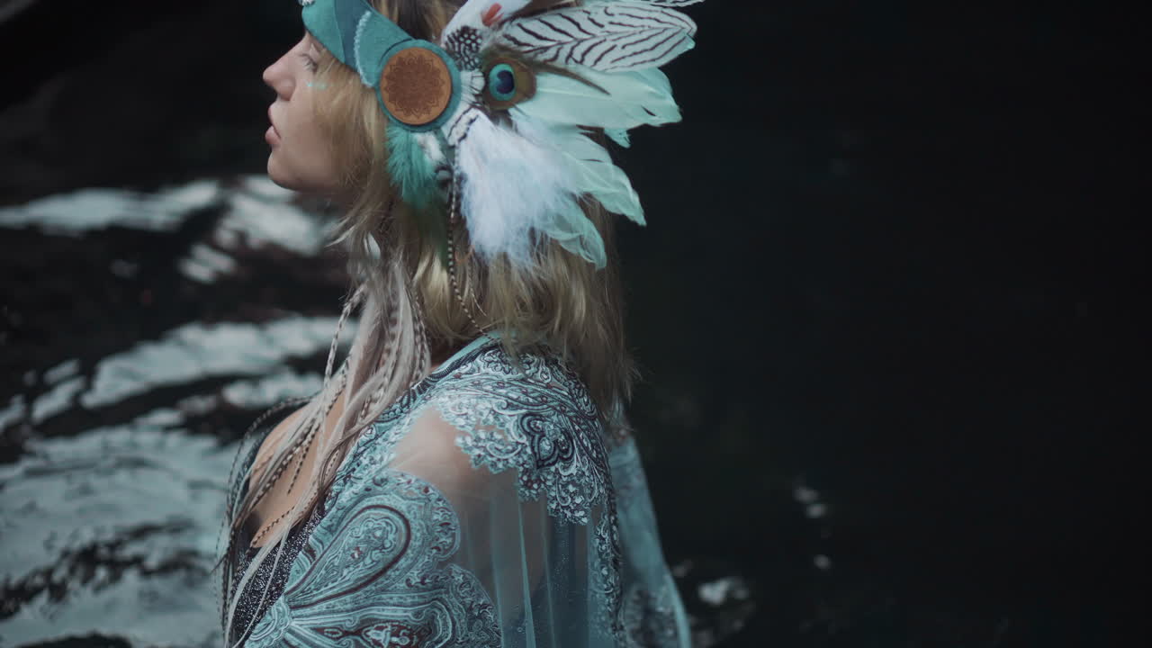 бохо женщина в бирюзовом платье у водопада