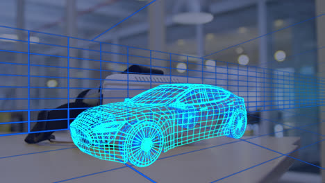 animación del dibujo 3d digital del coche sobre el auricular vr