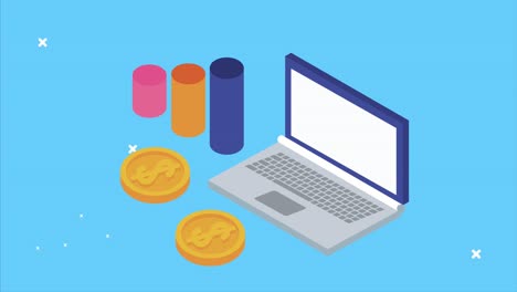data server analysis animation with computer laptop and coin