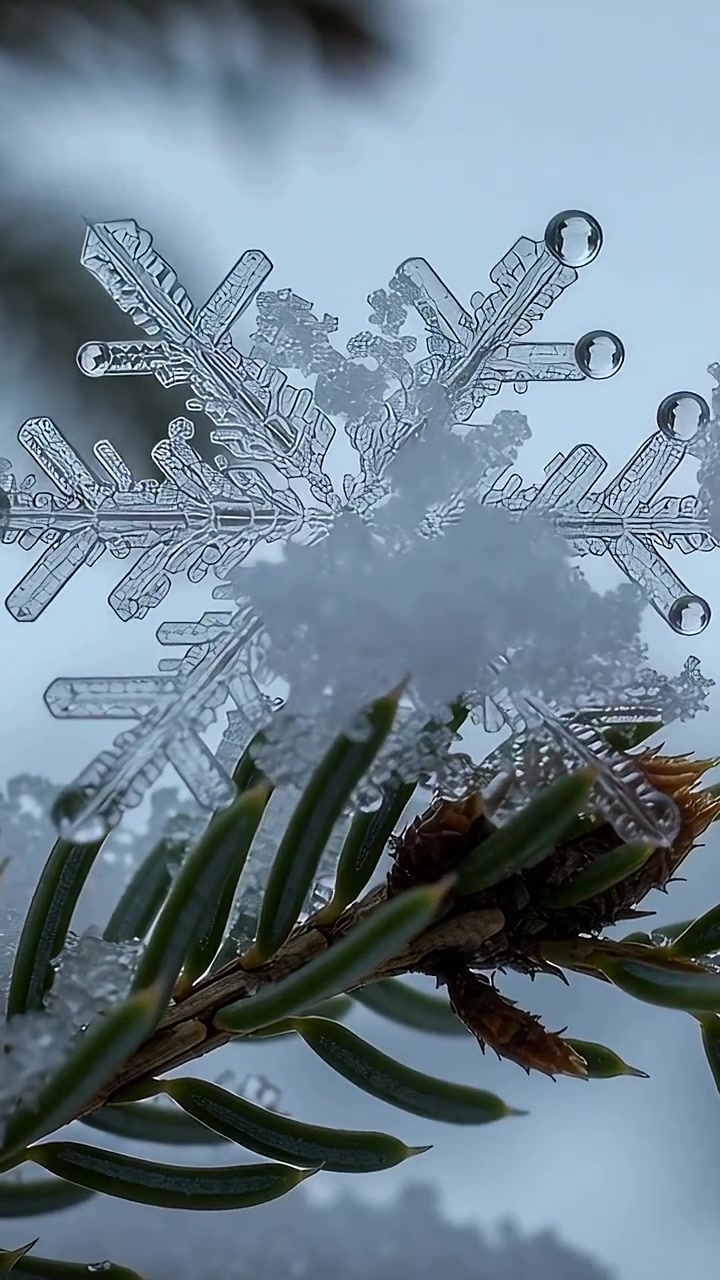 Vídeo vertical: Floco de neve hexagonal à deriva pousando em galho de abeto, formando gotas de derretimento