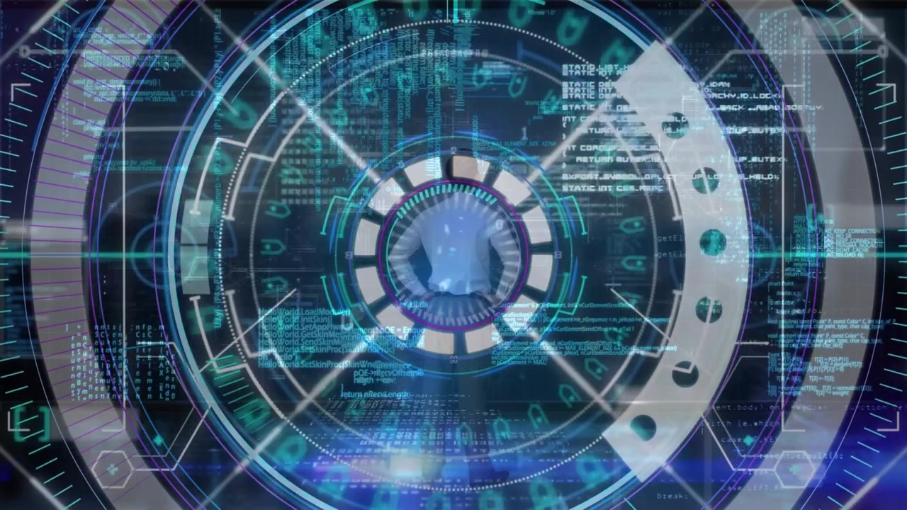 Animation of data processing and businessman over scan scope on dark background