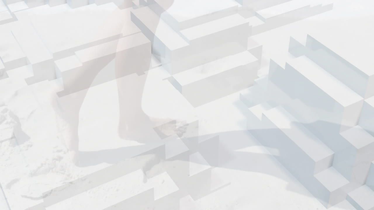 Animation of geometric shapes overlapping with legs walking on white background