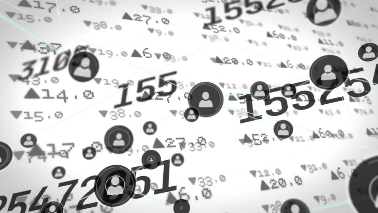 animación de la red de perfiles y números sobre el procesamiento de datos del mercado de valores en fondo gris.