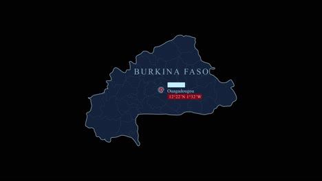 mapa azul de burkina faso con la ciudad capital de uagadugú y las coordenadas geográficas en fondo negro