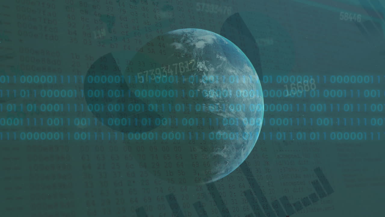 Animation of binary coding and data processing over globe