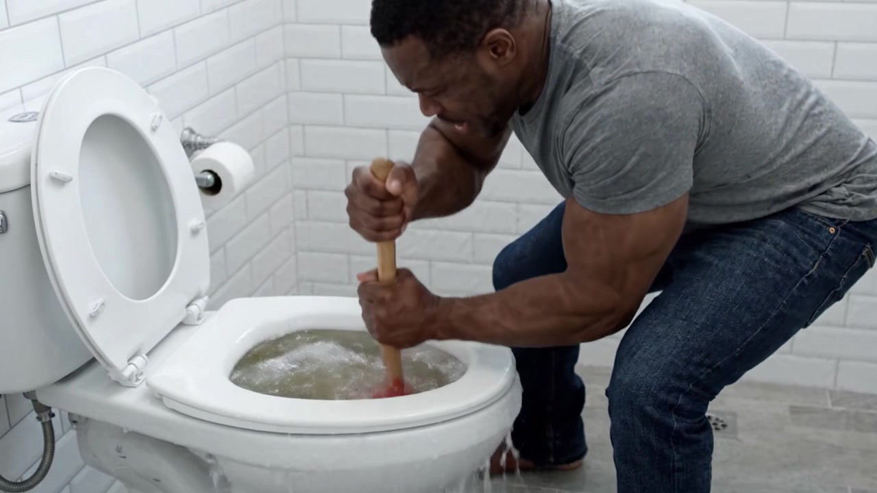 Plumber's Struggle: A Determined Individual Battles a Stubborn Toilet Clog with a Plunger in a Modern Bathroom Setting