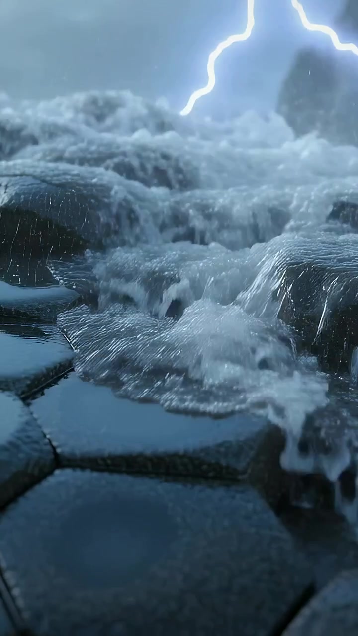 Vertical video: Crashing storm wave striking hexagonal coastal rock platform, sending foam runoff