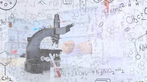 animation of mathematical equations and chemical icons over caucasian woman using microscope