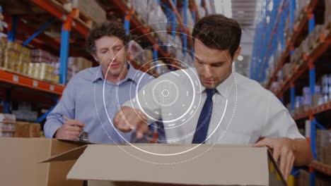 animation of scope scanning over men working in warehouse