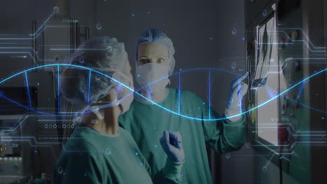 animación de cadena de adn y datos médicos sobre diversas mujeres cirujanas discutiendo rayos x.