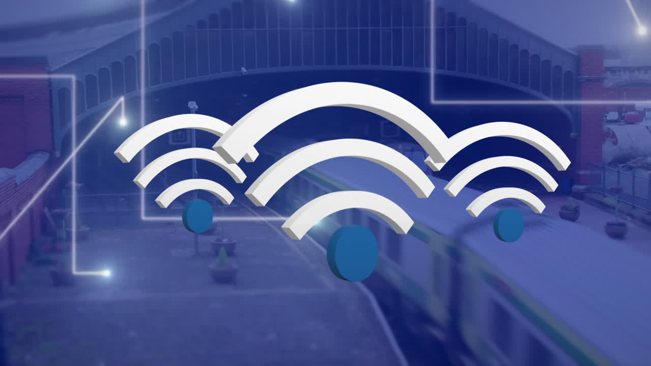 animación de iconos digitales wifi flotando sobre la estación de tren