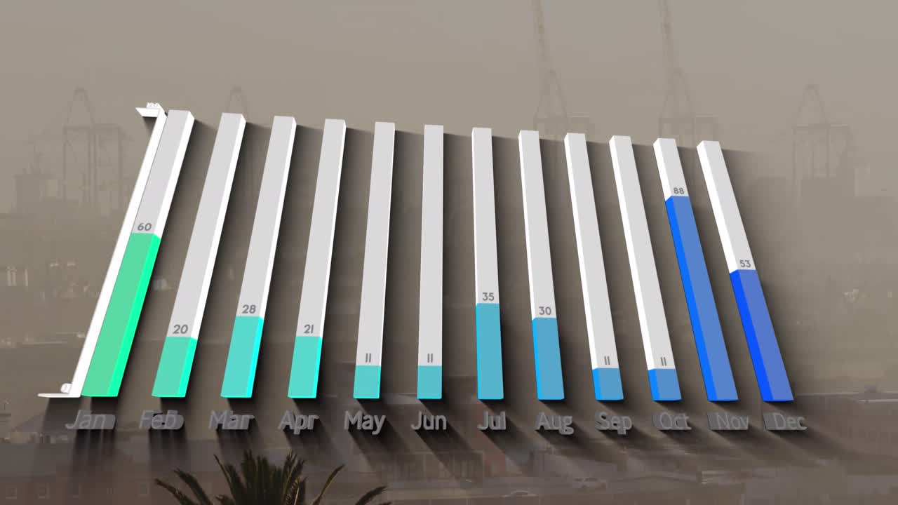 animación del procesamiento de datos estadísticos frente a una vista aérea del paisaje urbano