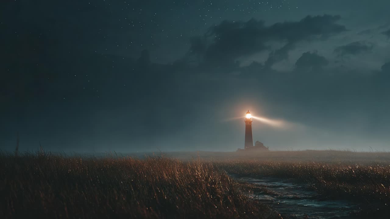 A Serene Nightscape Featuring a Majestic Lighthouse Illuminating the Foggy Marshland Under a Starlit Sky, Captured in Two Distinct Frames