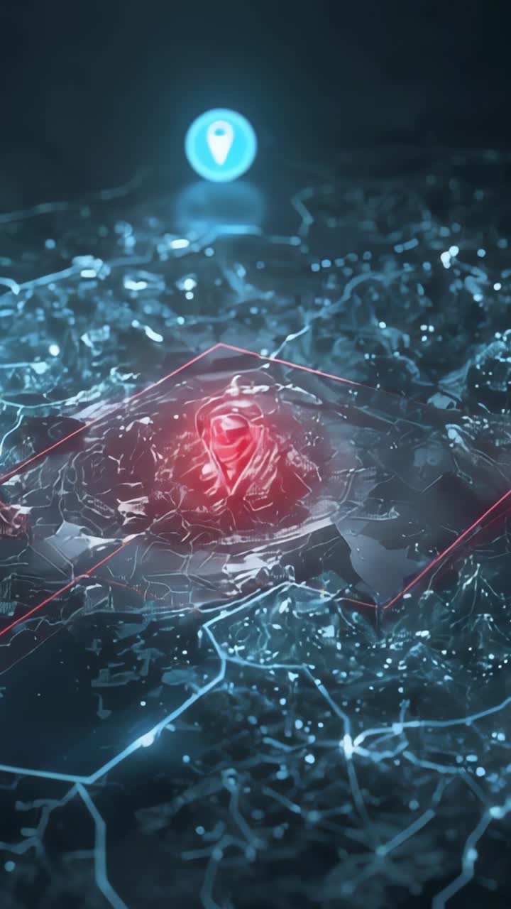 Vertical video: Opening 3D map showing glowing red pin rising and pulsing with blue lines and icons