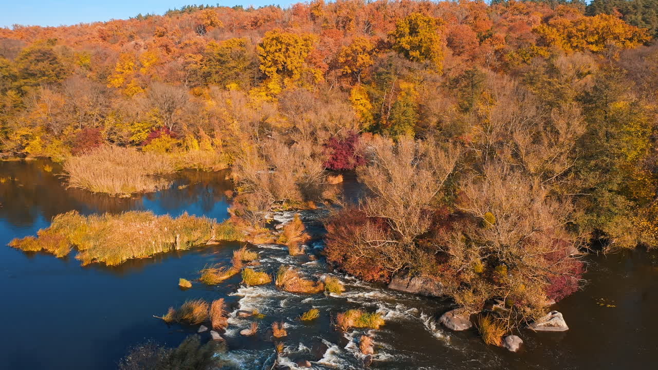 Motion camera view of the wide river near the forest in the autumn. Aerial view
