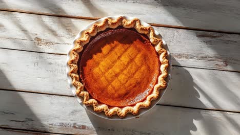 traditional homemade pumpkin pie on rustic wooden table