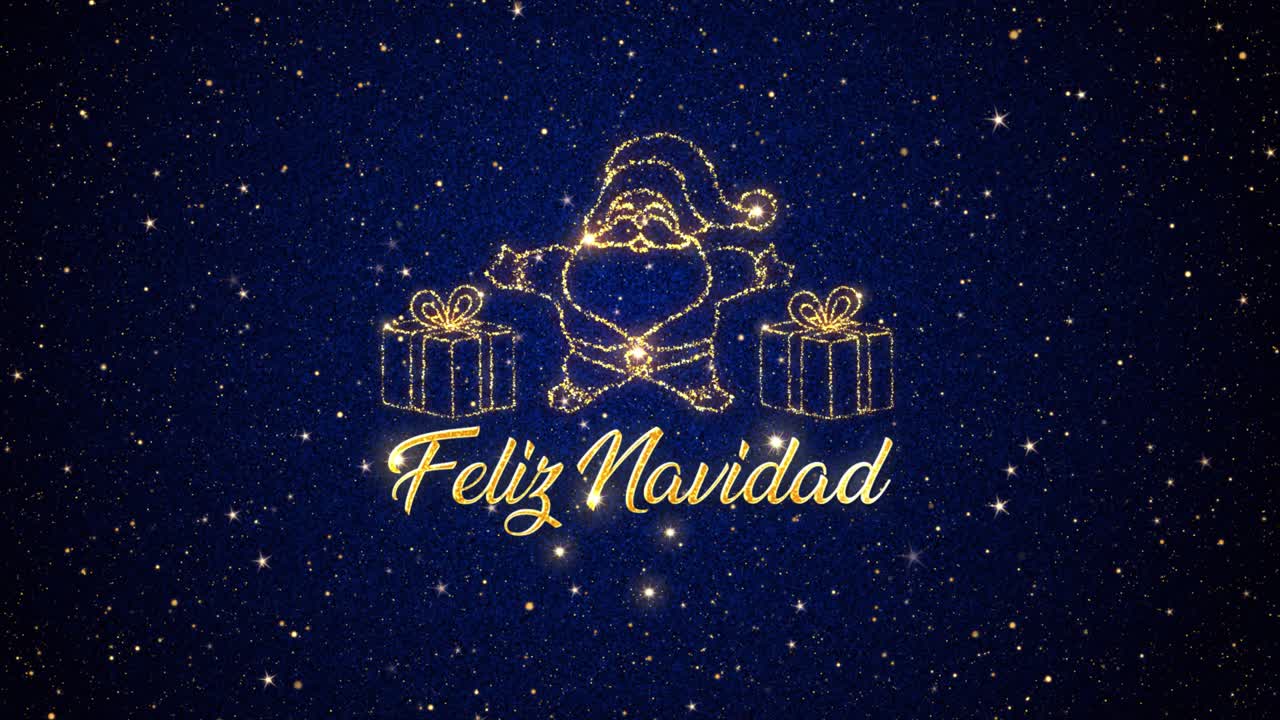 hermoso gráfico de movimiento animado estacional de santa claus con regalos representados en partículas brillantes sobre un fondo estrellado, con el mensaje de temporada "feliz navidad" que aparece