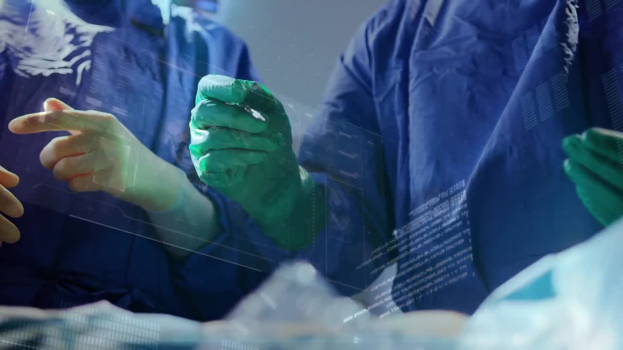 수술 중 백인 외과 의사에 대한 데이터 처리 애니메이션