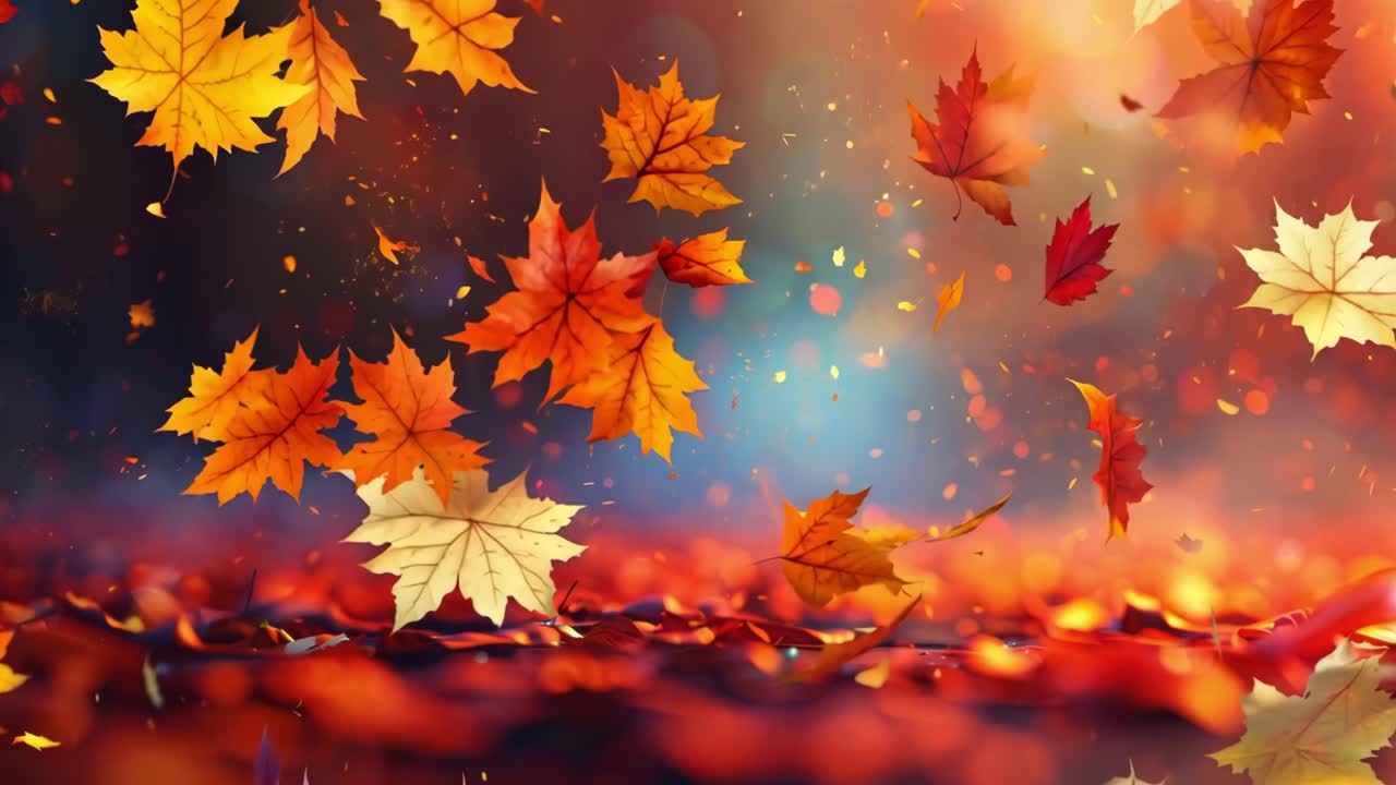 Autumn leaves falling in vibrant colors, captured in a close-up, low-angle shot