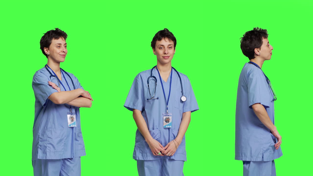 웃고 자신감 있게 포즈를 취하는 의료 보좌관의 초상화