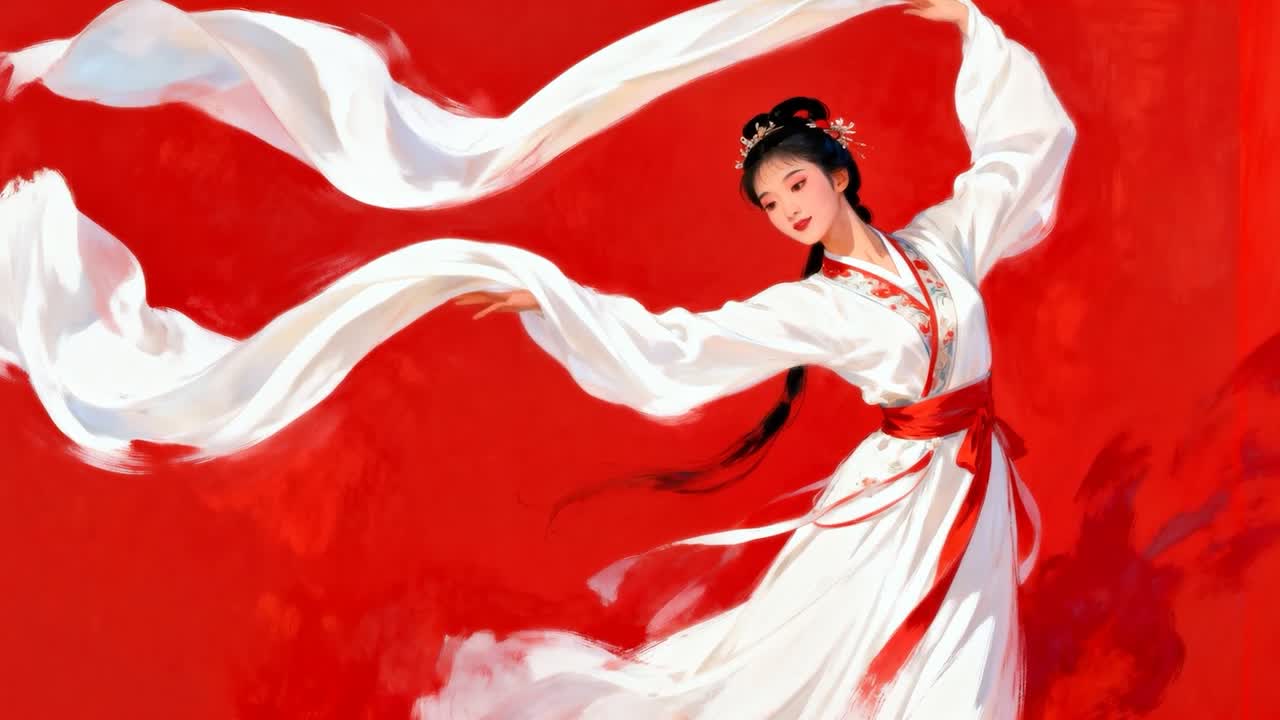 Ballerina con le braccia alzate in abiti Hanfu che traccia una sciarpa di seta bianca su uno sfondo rosso acceso, mentre si esibisce
