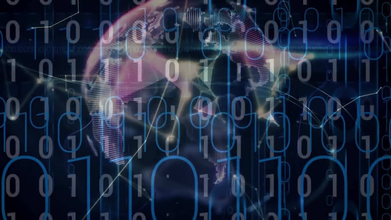 Animation of globe with network of connections over binary coding