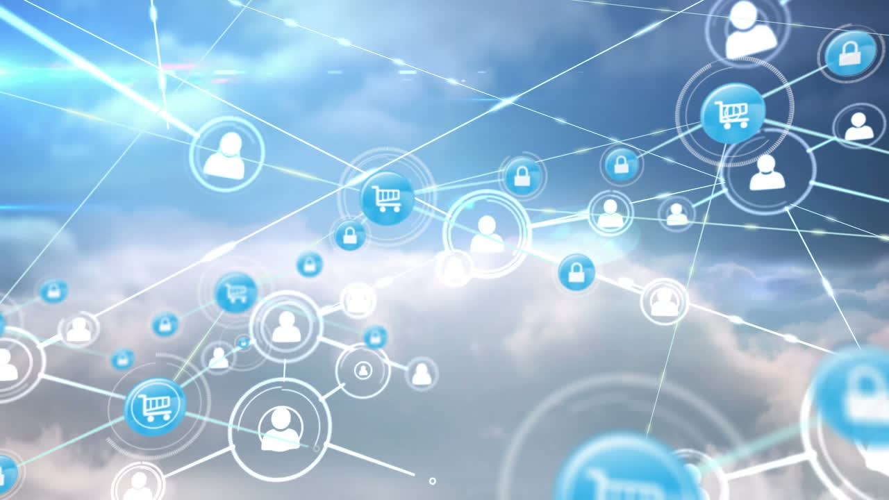 animación de la red de conexiones con iconos sobre nubes