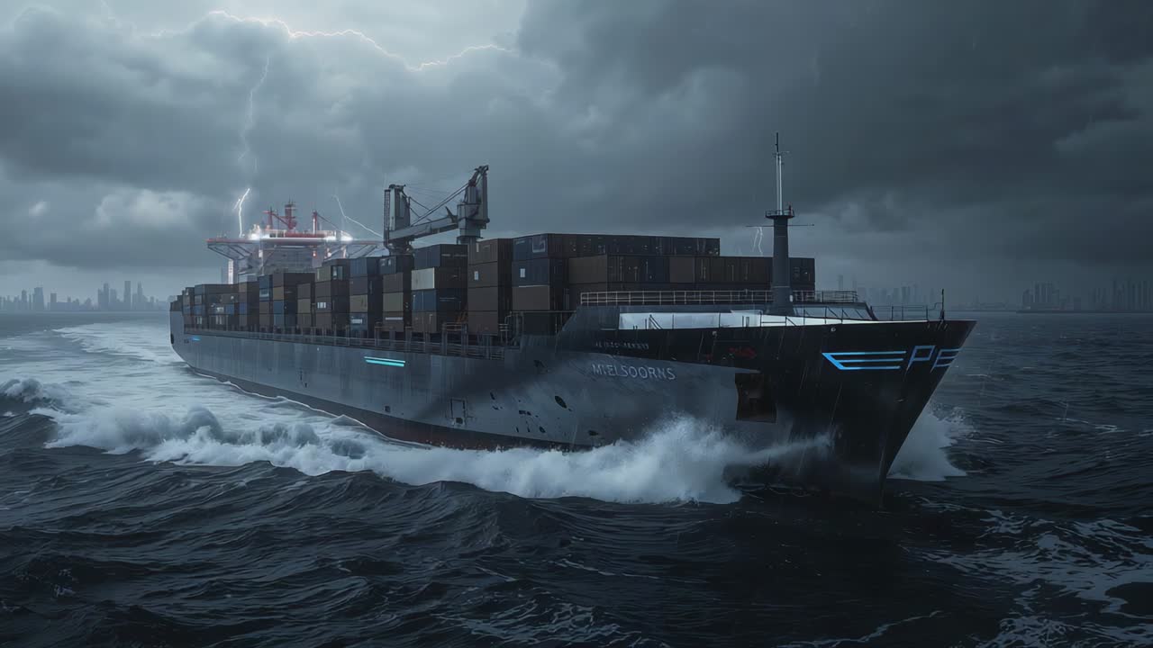 Plowing container ship heading to port through stormy sea as lightning flashing, with cargo stacks