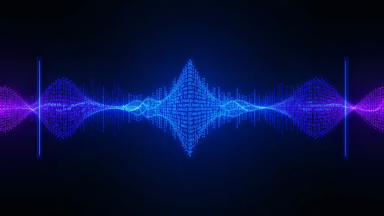 Animating neon particle waveform pulsing across dark backdrop during playback, playhead advancing