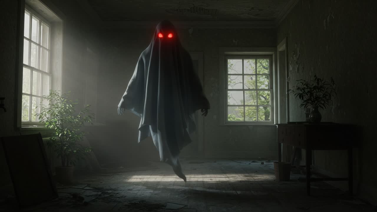 An Eerie Specter Emerges: A Haunting Presence with Glowing Red Eyes Materializes in an Abandoned Room Filling it with an Ominous Atmosphere