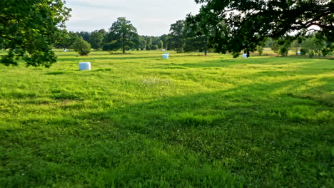 fpv drone view low level flying over bale of straw on meadow in saaremaa in estonia - forward dolly shot