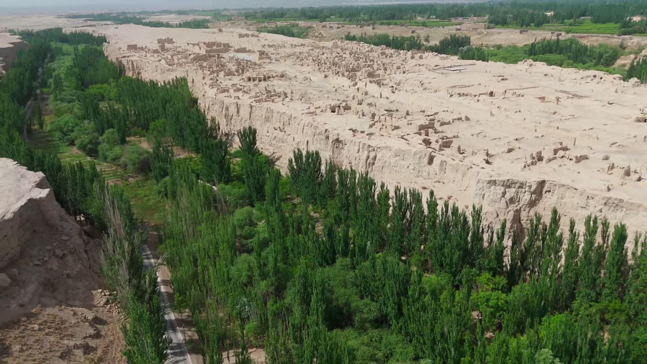 Panoramic Aerial Footage of Jiaohe Ancient City, UNESCO World Heritage Site, Drone view