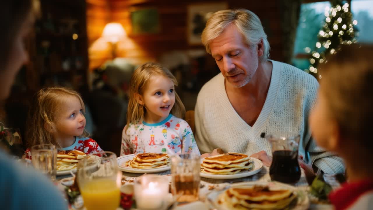 A Heartwarming Family Breakfast with Pancakes: A Grandfather Engaging with Two Young Girls, Creating Cherished Moments at a Cozy Table Filled with Delicious Food and Warmth During a Charming Gathering