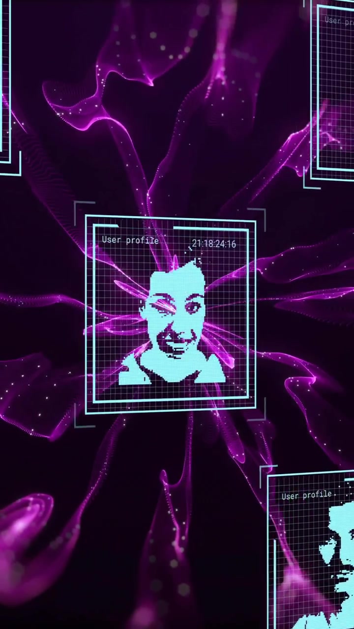 Animation of data processing with people icons and purple shapes on black background