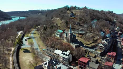 Aerial-over-the-Harpers-Ferry-National-Historical-Park-and-Shenandoah-River-in-Jefferson-County,-West-Virginia,-USA