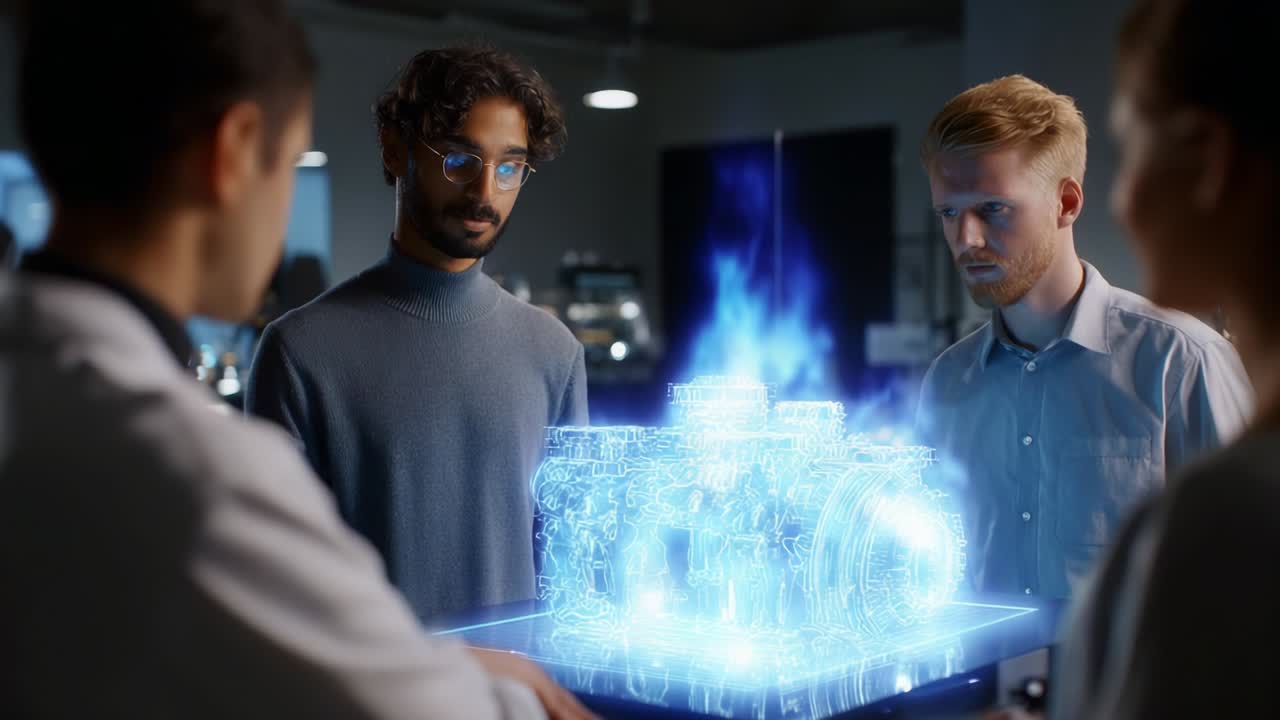 A group of engineers analyzing a stunning holographic engine model in a high-tech lab, showcasing innovative technology and collaboration amidst glowing visualizations and detailed design elements