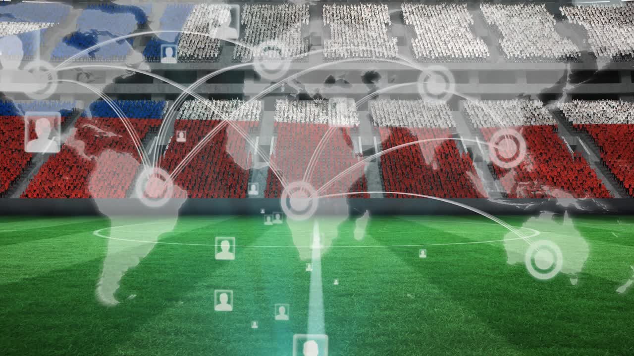 анимация сети соединений, карта мира над чилийским флагом на пустых трибунах на спортивном стадионе