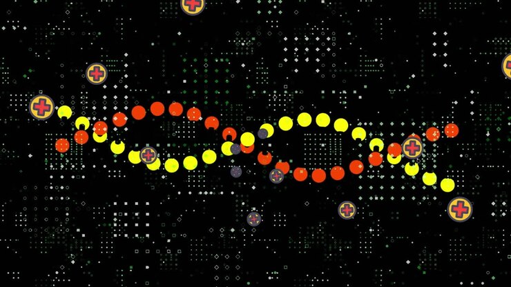 Animation of dna strand over medical icons on black background