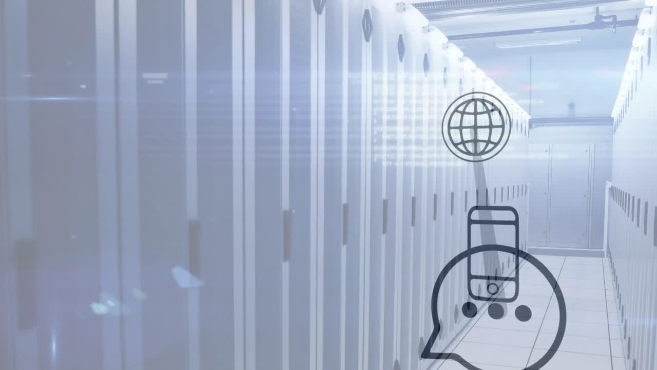 Animation af globus og smartphone-ikoner over servere