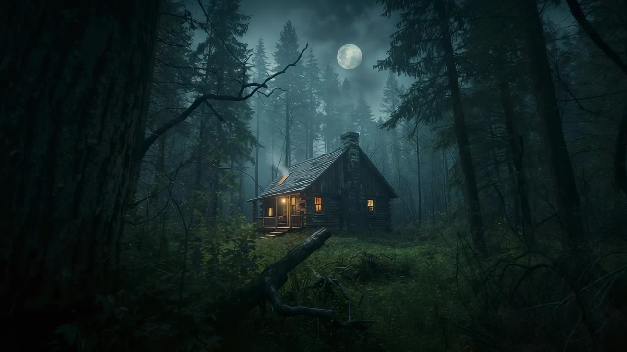 Opening shot revealing lit wooden cabin sitting in clearing under full moon, with mist drifting