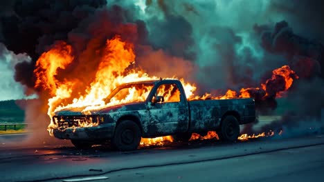 a truck is engulfed by flames on the side of the road