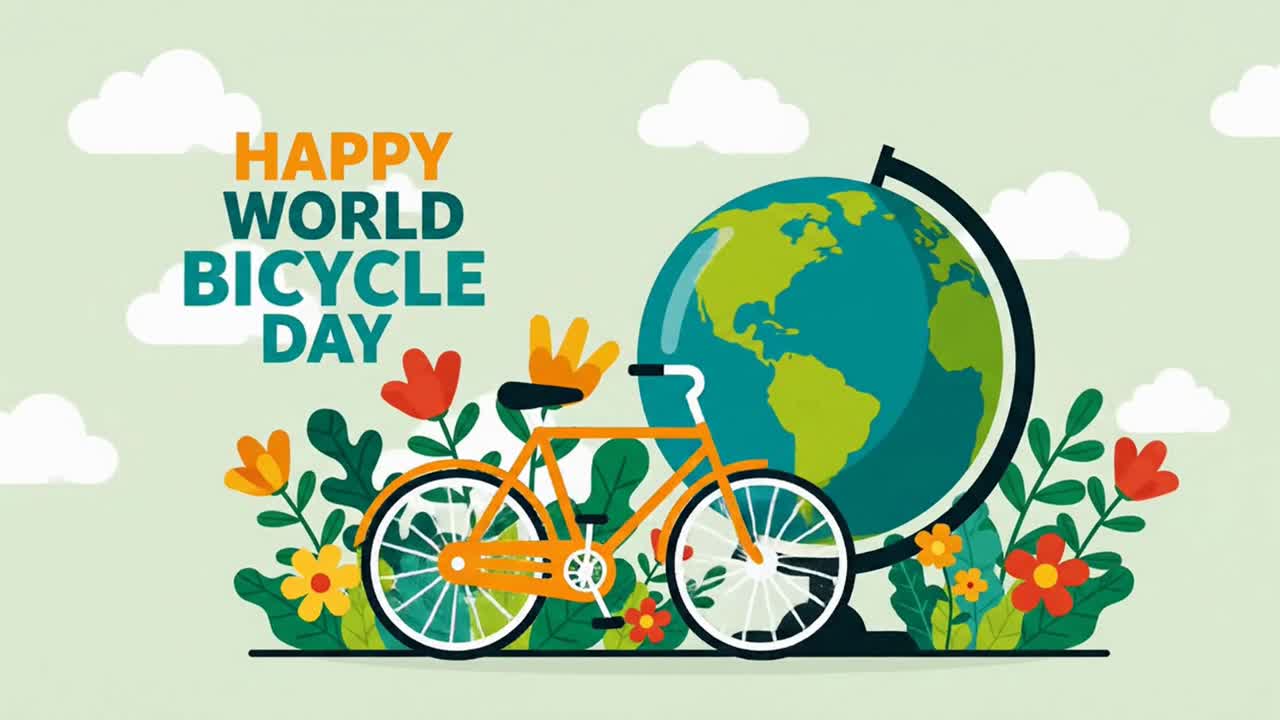 World bicycle day celebration with bicycle, globe, and flowers