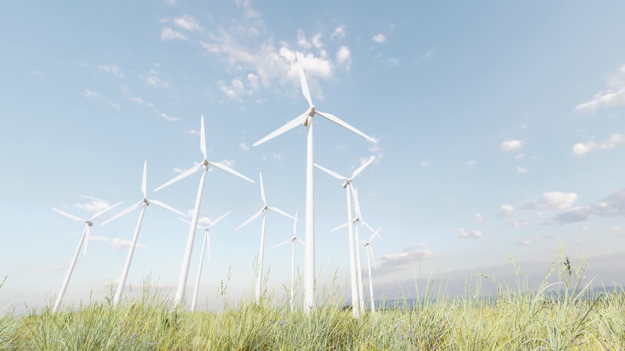 Wind turbines in green field. 3d loop animation