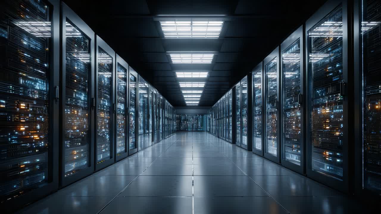 Exploring a Modern Data Center: A Futuristic Corridor Filled with Rows of Servers Illuminated by Soft Lighting, Showcasing Advanced Technology and Connectivity
